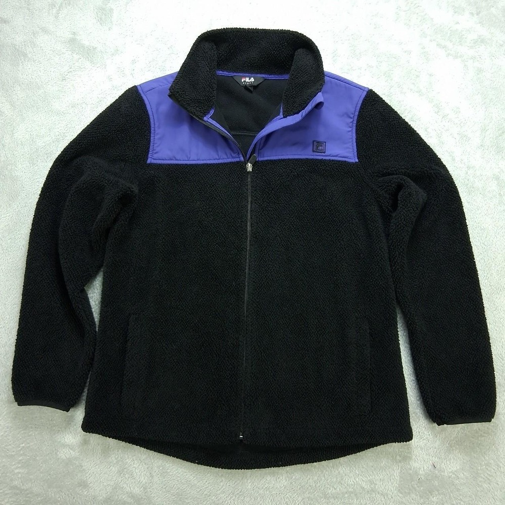 Fila Mens Sherpa Fleece Jacket Black Purple Full Zip Gorpcore Streetwear Large